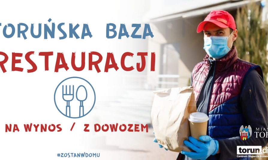 Grafika promująca Toruńską Bazę Restauracji na wynos/z dowozem 