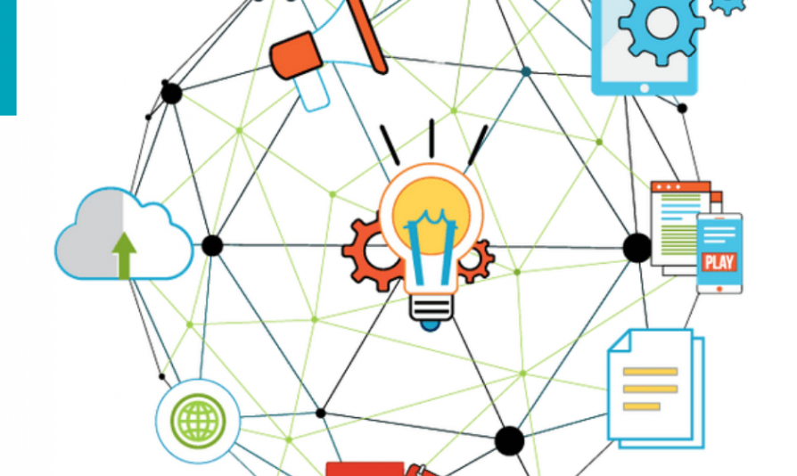 Logotyp projektu Akademia Pozytywnej Zmiany. Obrazuje jak od pomysłu przez pracę i technologie rodzą się efekty