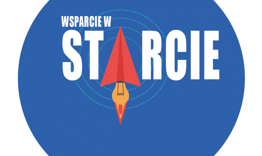 Logotyp programu "Wsparcie w Starcie". W niebieskim okręgu widnieje napis "Wsparcie w starcie". Literę A w słowie "starcie" zastępuje grafika papierowego samolotu