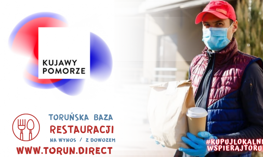 Grafika z logotypem Kujawy i Pomorze i tekstem Toruńska Baza restauracji na wynos i z dowozem 