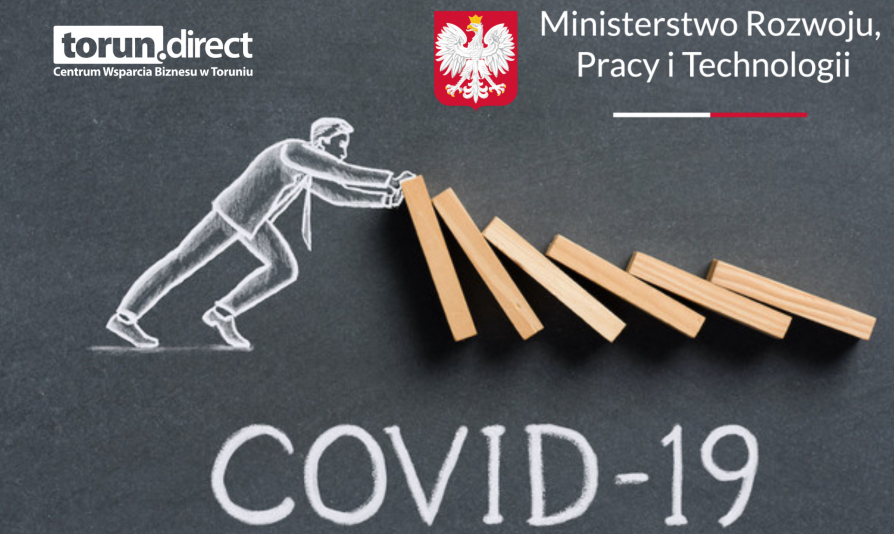 Grafika przedstawia postać podnoszącą domino i logotypy Ministerstwa Rozwoju Pracy i Technologii i CWB