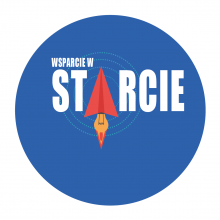 Logotyp programu "Wsparcie w Starcie". W niebieskim okręgu widnieje napis "Wsparcie w starcie". Literę A w słowie "starcie" zastępuje grafika papierowego samolotu