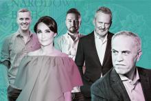 Sylwetki pięciu polskich osobowości ze świata biznesu stoją na tle grafiki stworzonej na wzorze banknotu złotówki