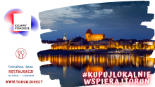 Grafika przedstawia panoramę Torunia, logotyp Kujawy i Pomorze i tekst #kupujloklaniewspierajtoruń 