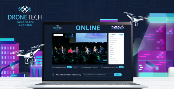 Grafika przedstawia ekran komputera z zapisem debaty online DroneTech
