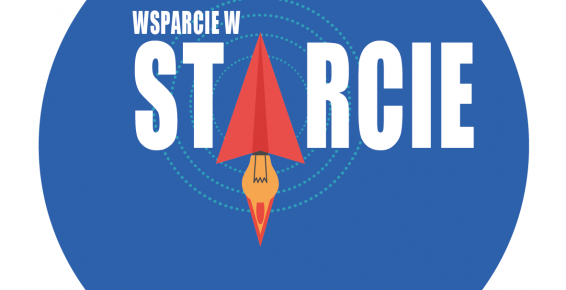 Logotyp programu "Wsparcie w Starcie". W niebieskim okręgu widnieje napis "Wsparcie w starcie". Literę A w słowie "starcie" zastępuje grafika papierowego samolotu