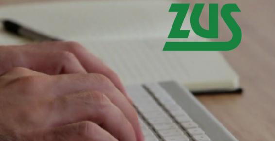 Zdjęcie przedstawia dłonie na klawiaturze i logotyp ZUS