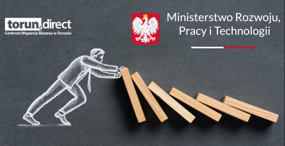 Grafika przedstawia postać podnoszącą domino i logotypy Ministerstwa Rozwoju Pracy i Technologii i CWB