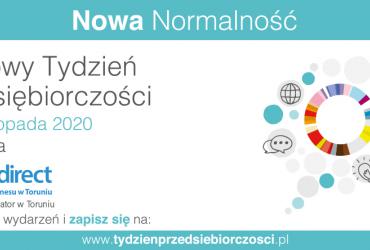 Grafika promująca Światowy Tydzień Przedsiębiorczości. Od góry hasło tegorocznej edycji "Nowa normalność". Niżej data akcji - 16-22 listopada 2020.  Niżej logotyp Centrum Wsparcia BIznesu - regionalnego koordynatora akcji. Niżej  adres strony www.tydzienprzedsiebiorczosci.pl